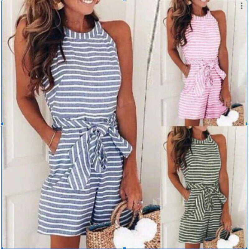 Damen Jumpsuit Gestreift Mit Bindegürtel Eveloria