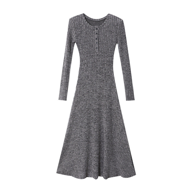 Damen Strickkleid Lang Knöpfe Figurbetont Anthrazit Eveloria