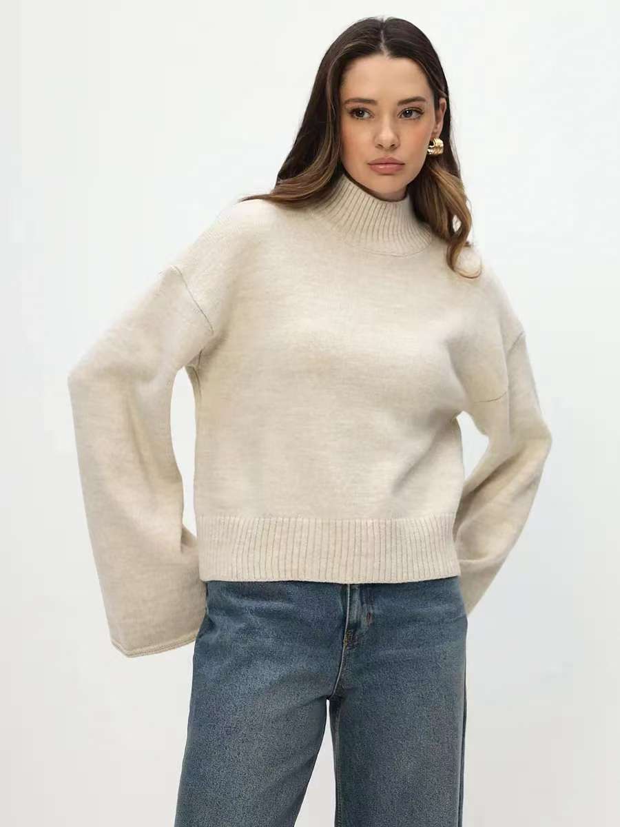 Damen Pullover Grobstrick Stehkragen Voluminöse Ärmel Eveloria