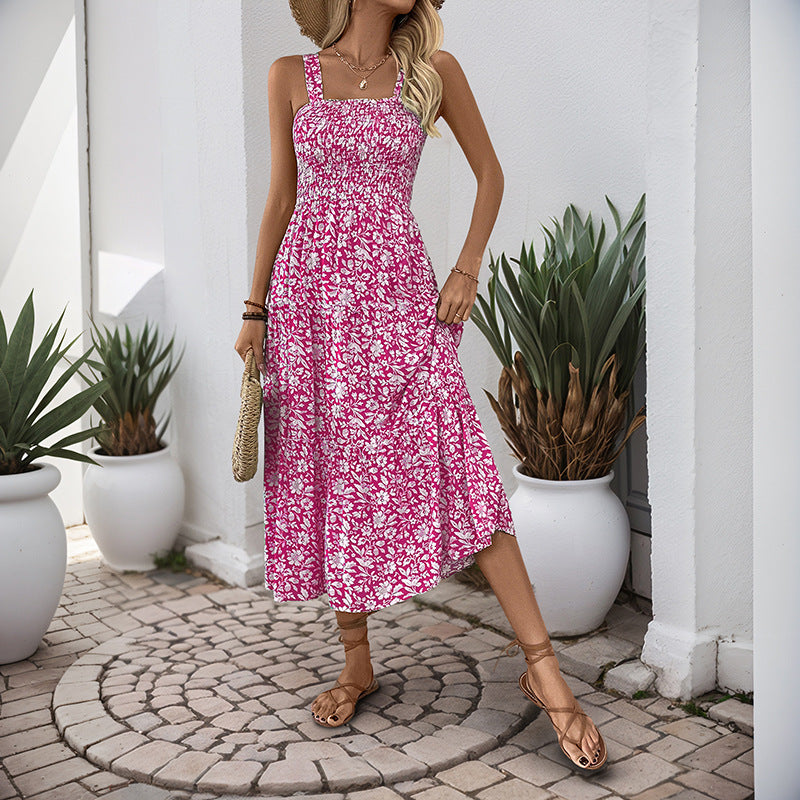 Damen Maxikleid Floralmuster Elastischer Taillengürtel