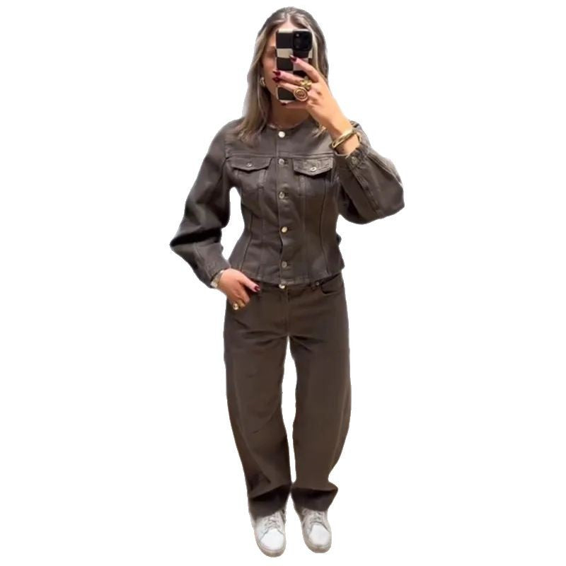 Damen Jeansjacke Puffärmel Knopfdetails Blau Eveloria