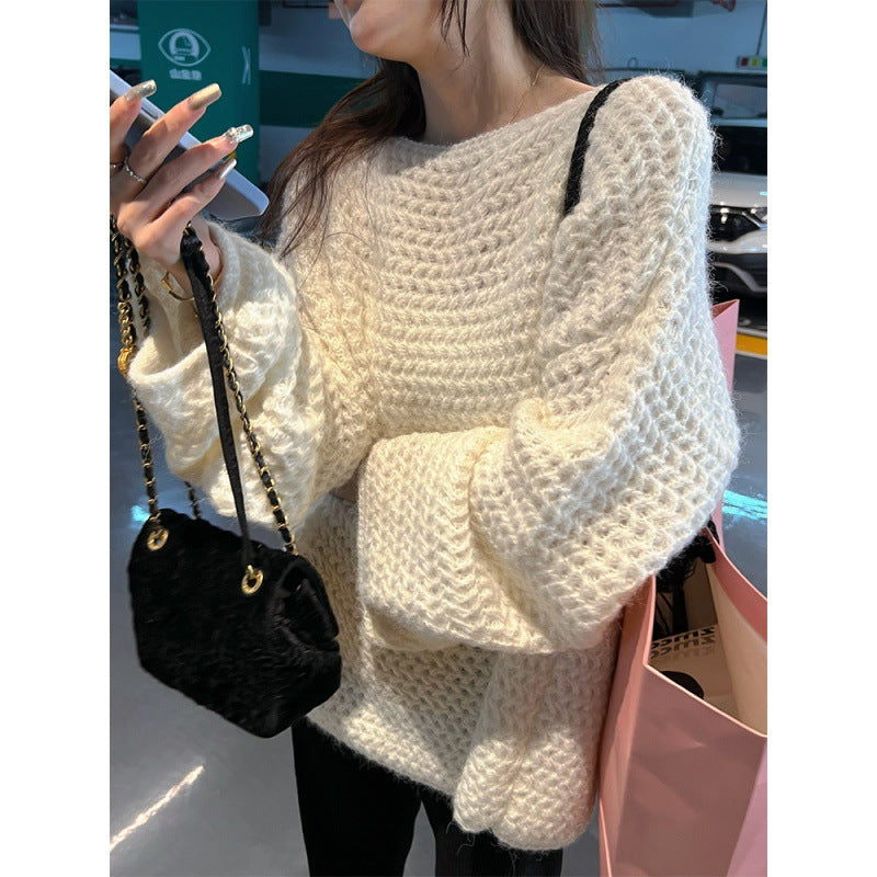 Damen Oversized Pullover Grobstrick Beige