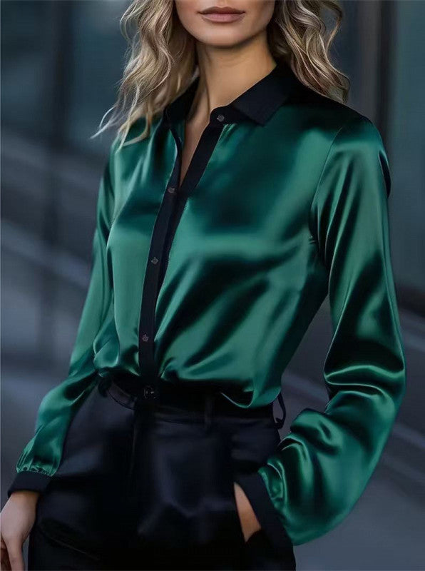 Eveloria Damen Satinbluse Kontrastkragen