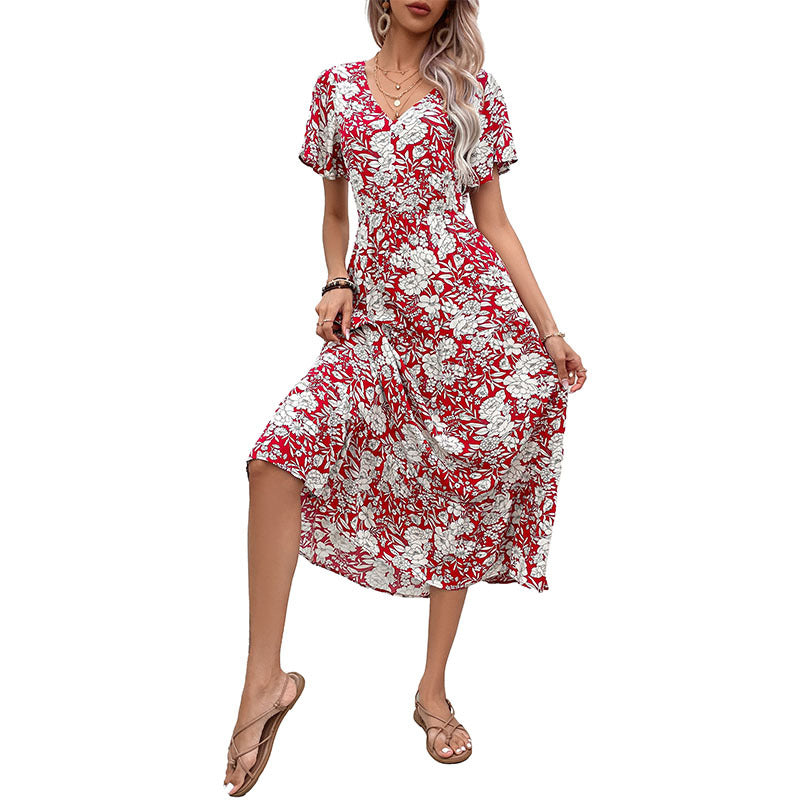Damen Midikleid Floralprint V-Ausschnitt Locker