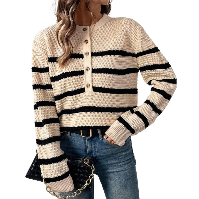 Damen Strickpullover Lässig Knopfleiste Gestreift