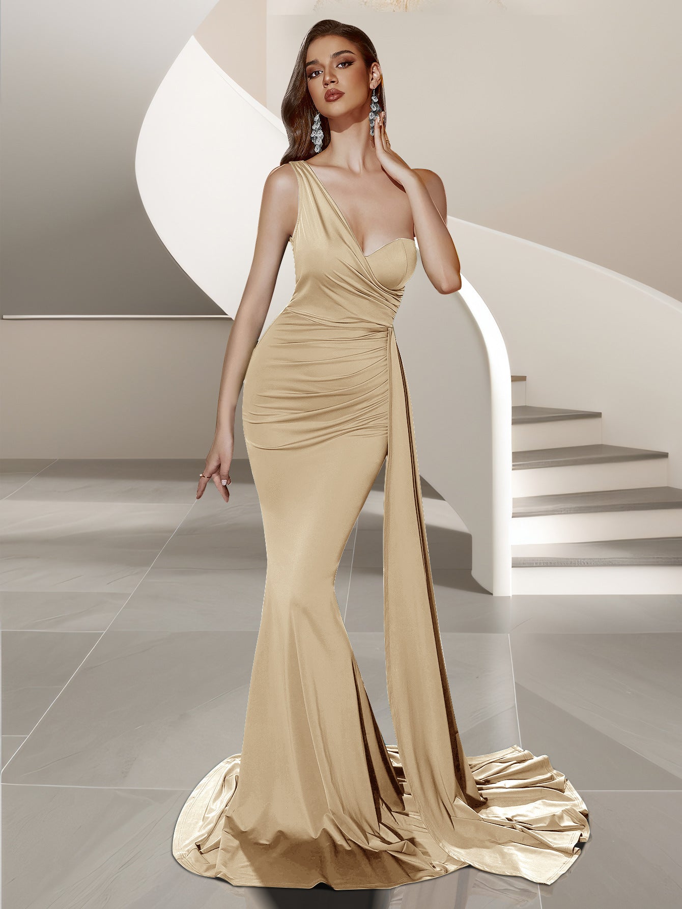 Damen Abendkleid Asymmetrisch Fließender Stoff Eveloria