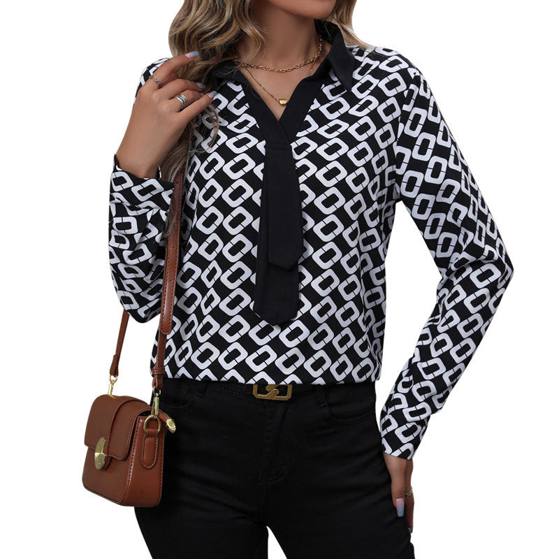 Damen Bluse Grafisches Muster Elegante Schleife Blau