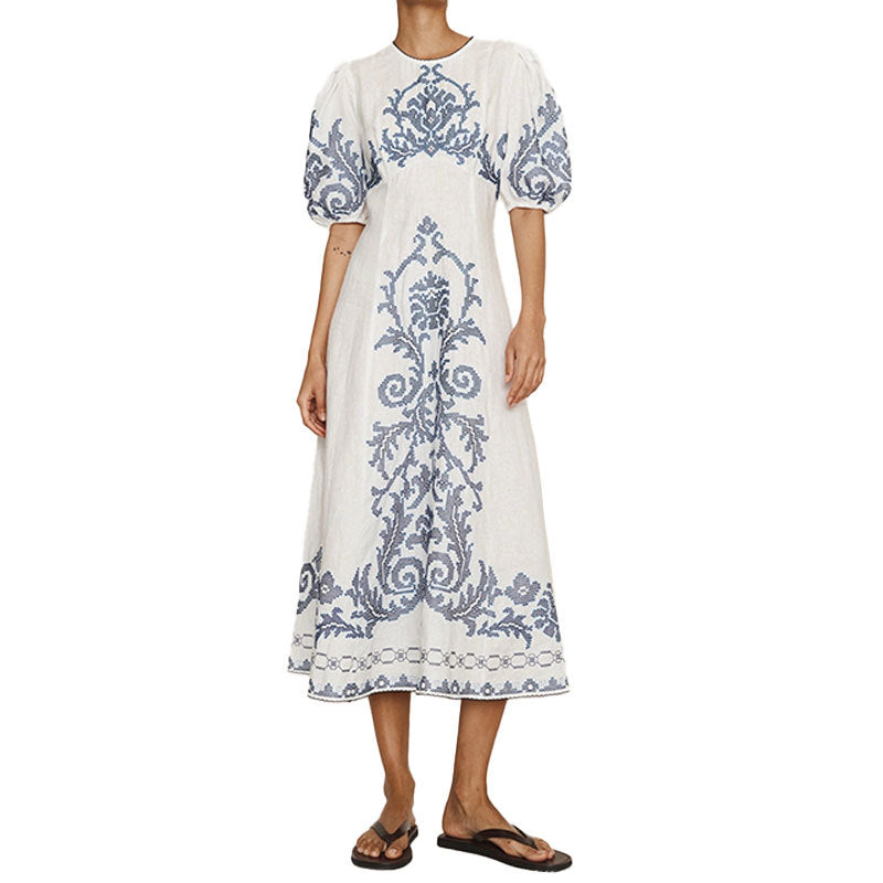Damen Midikleid Stickmuster Voluminöse Ärmel Eveloria