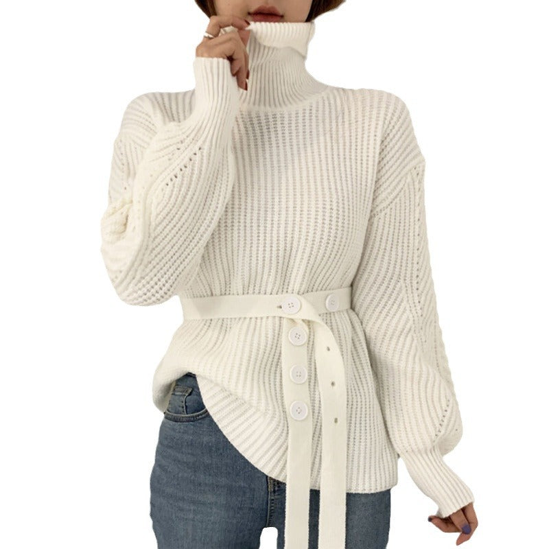Damen Strickpullover Lässig Mit Gürtel Beige