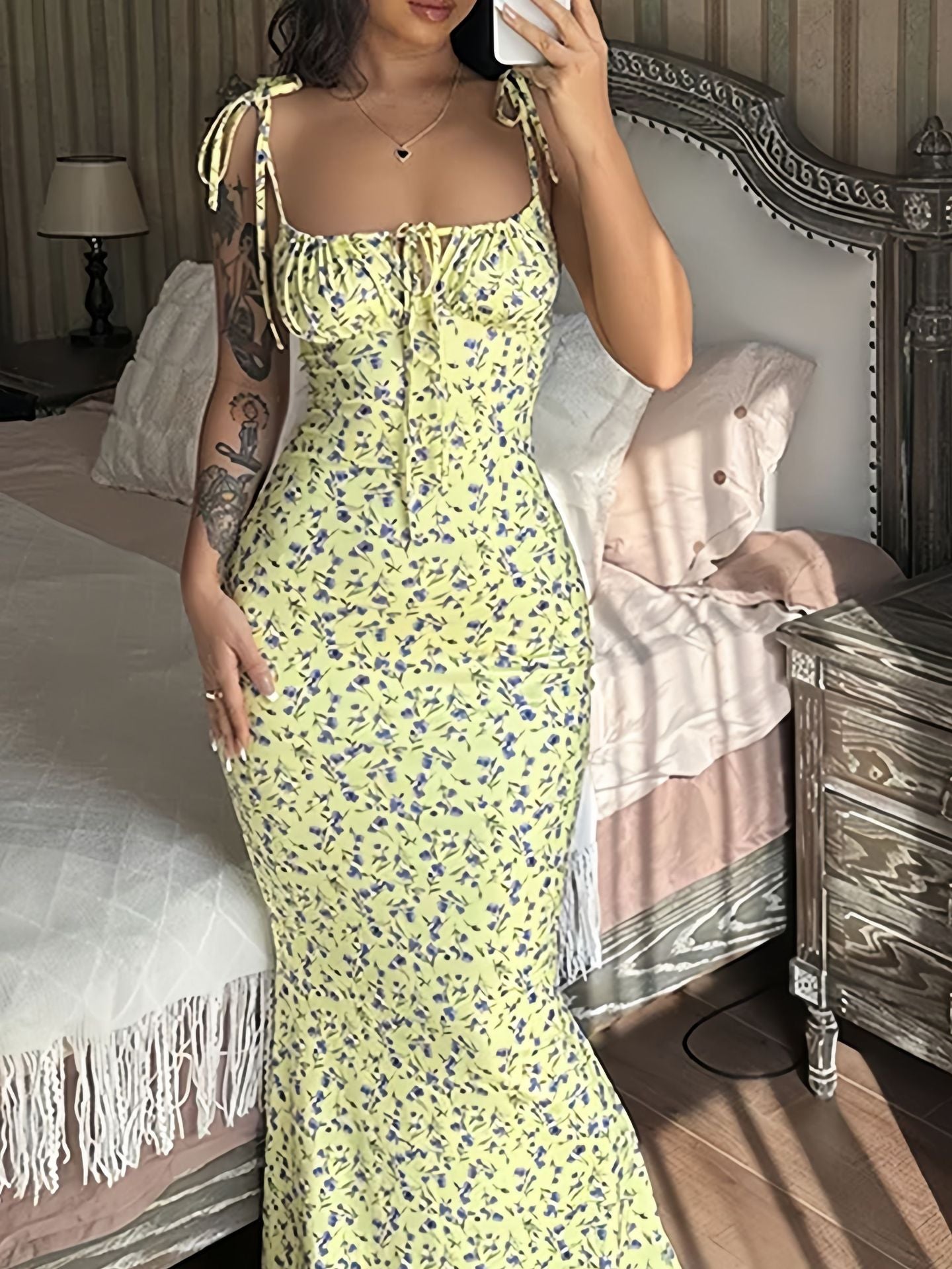 Damen Maxikleid Blumenmuster Figurbetonter Schnitt Spaghetti-Träger