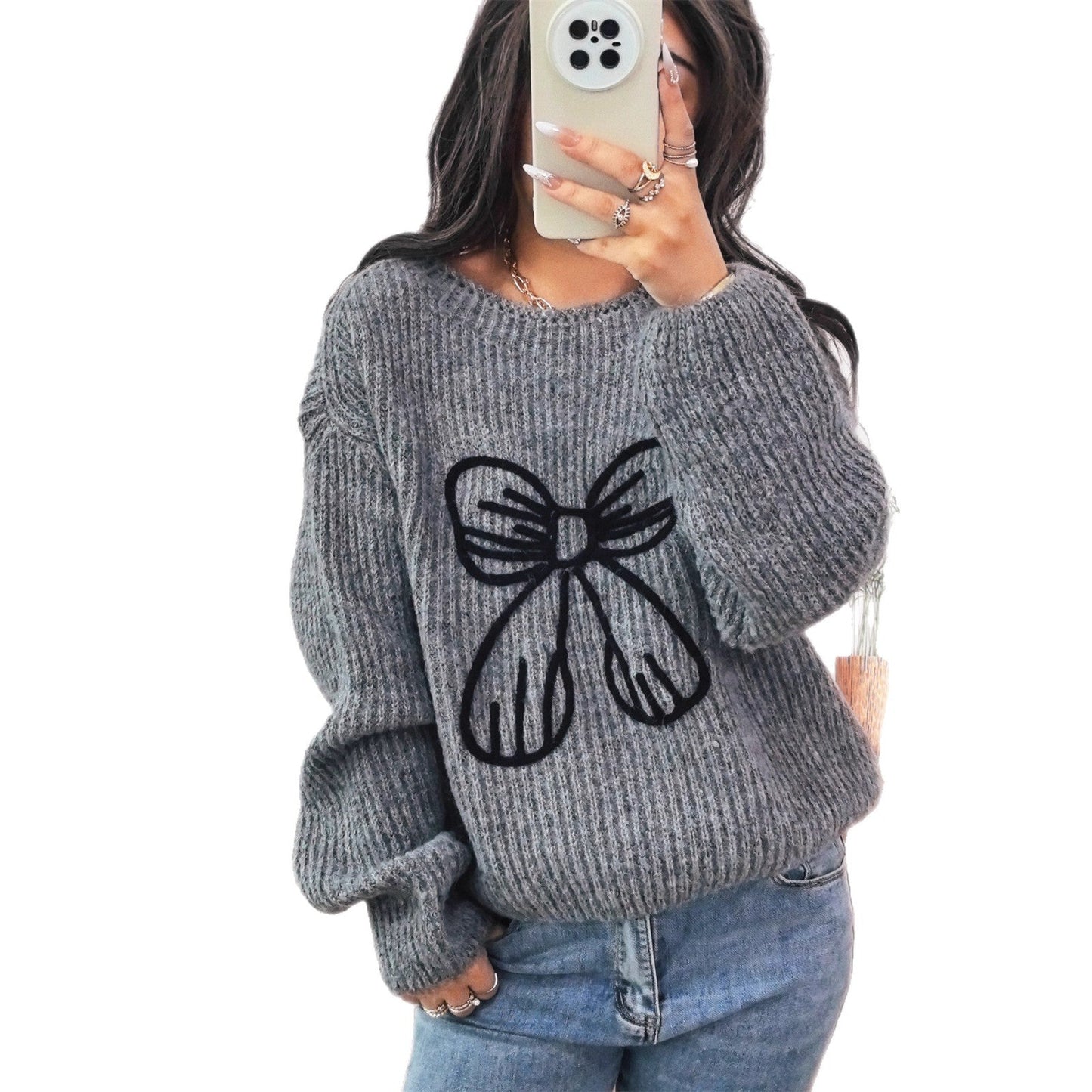 Damen Pullover Lässig Schleifendesign Eveloria