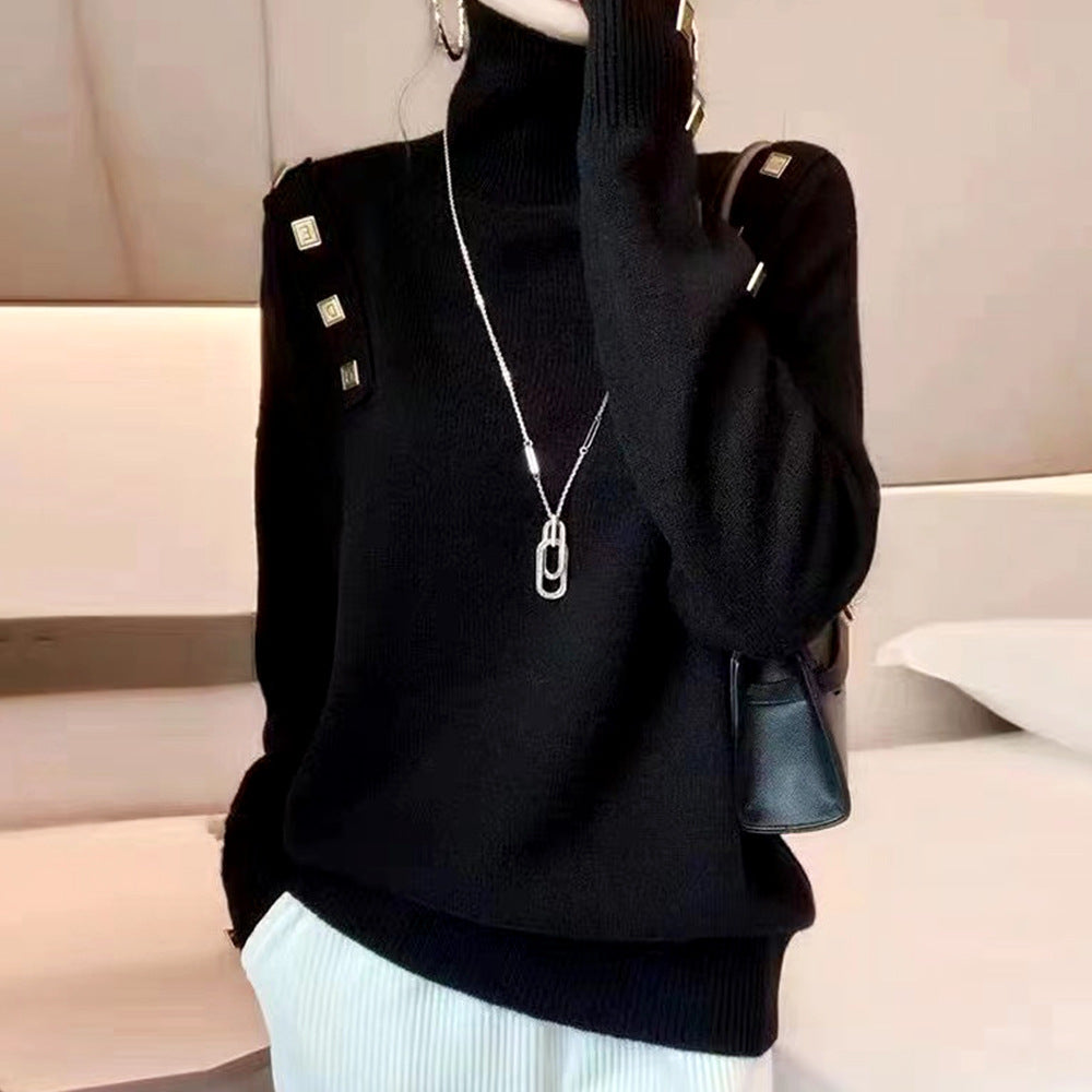 Damen Rollkragenpullover Modisch Dekorative Knöpfe Grau