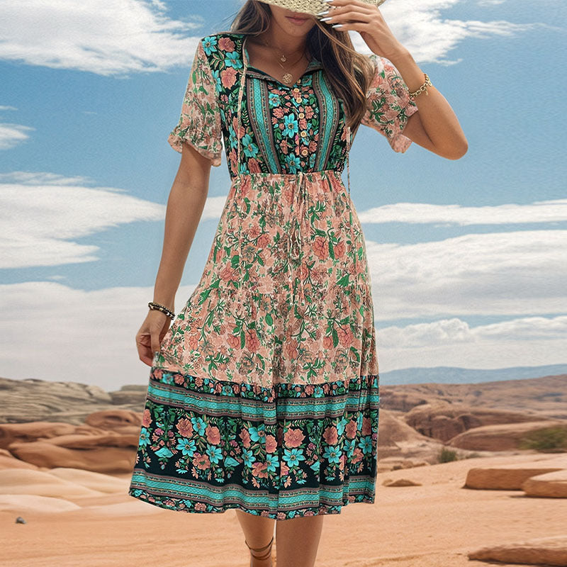 Damen Midikleid Floralmuster Tailliert Eveloria