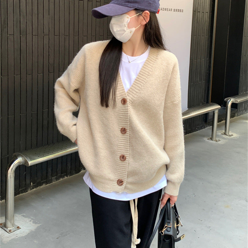 Damen Oversized Strickjacke Große Knöpfe Lässiger Schnitt Beige