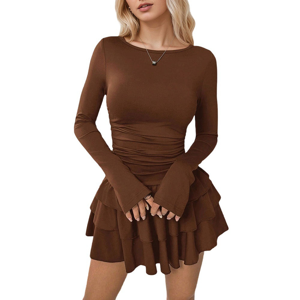Damen Rüschenkleid Langarm Schlicht Eveloria