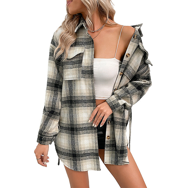 Damen Langarmhemd Taillengürtel Karomuster Bluse Eveloria