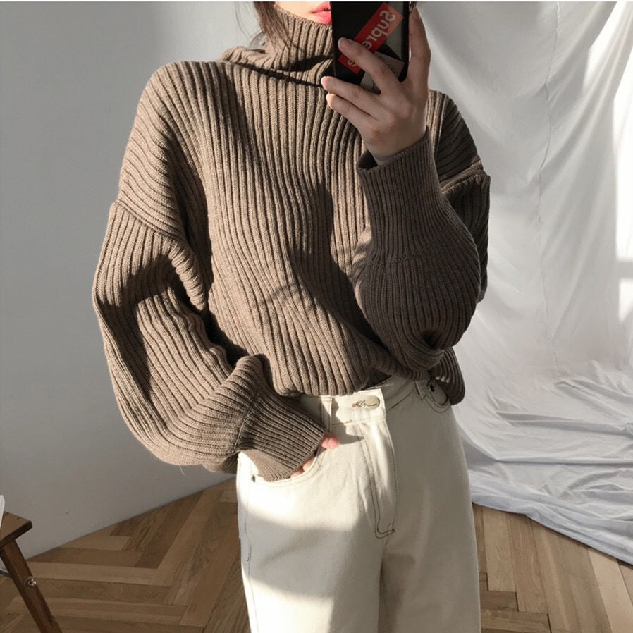 Damen Grobstrickpullover Hoher Kragen Voluminöse Ärmel