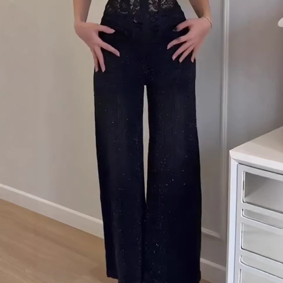 Damen Glitzer Jeans Weit Geschnitten Elegant Blau