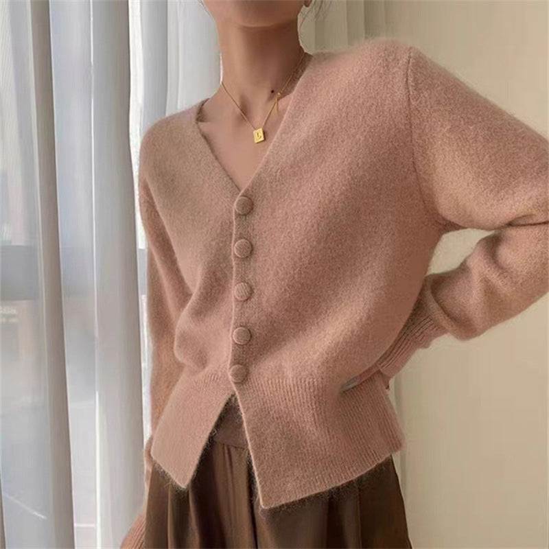 Damen Strickjacke Weiches Mohair-Material Knopfverschluss Anthrazit