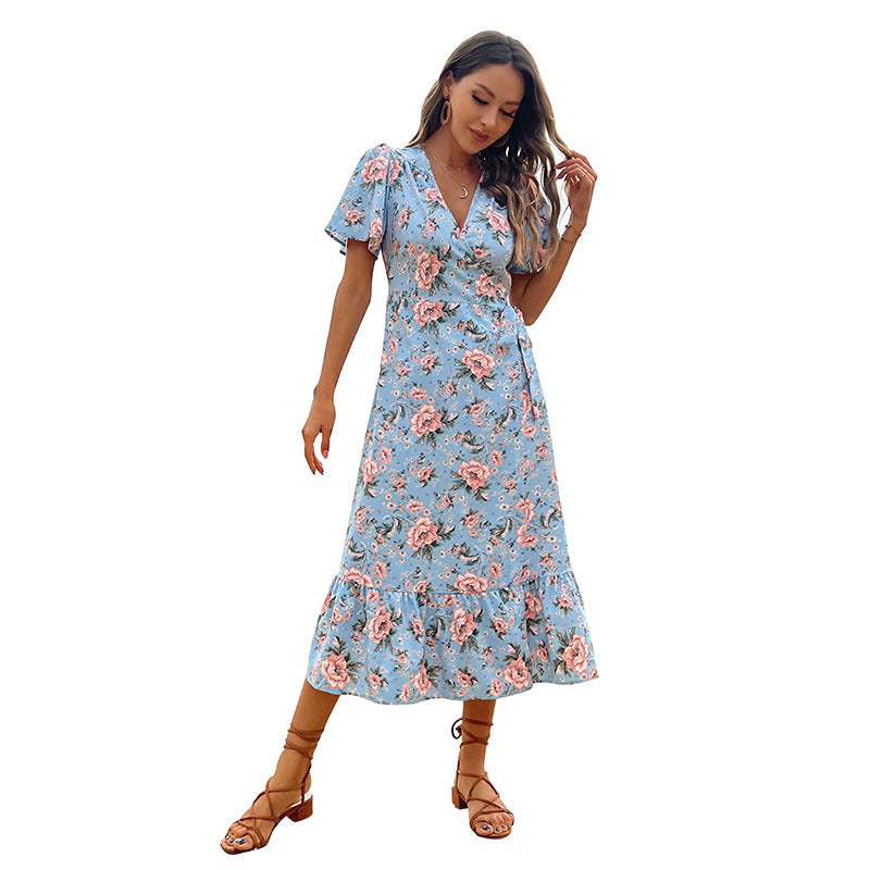 Damen Maxikleid Floral Rüschensaum