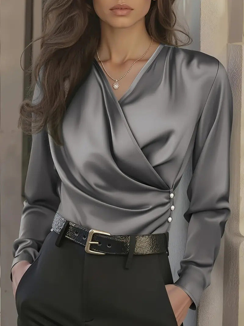 Damen Wickelbluse Knopfdetails Elegantes Design