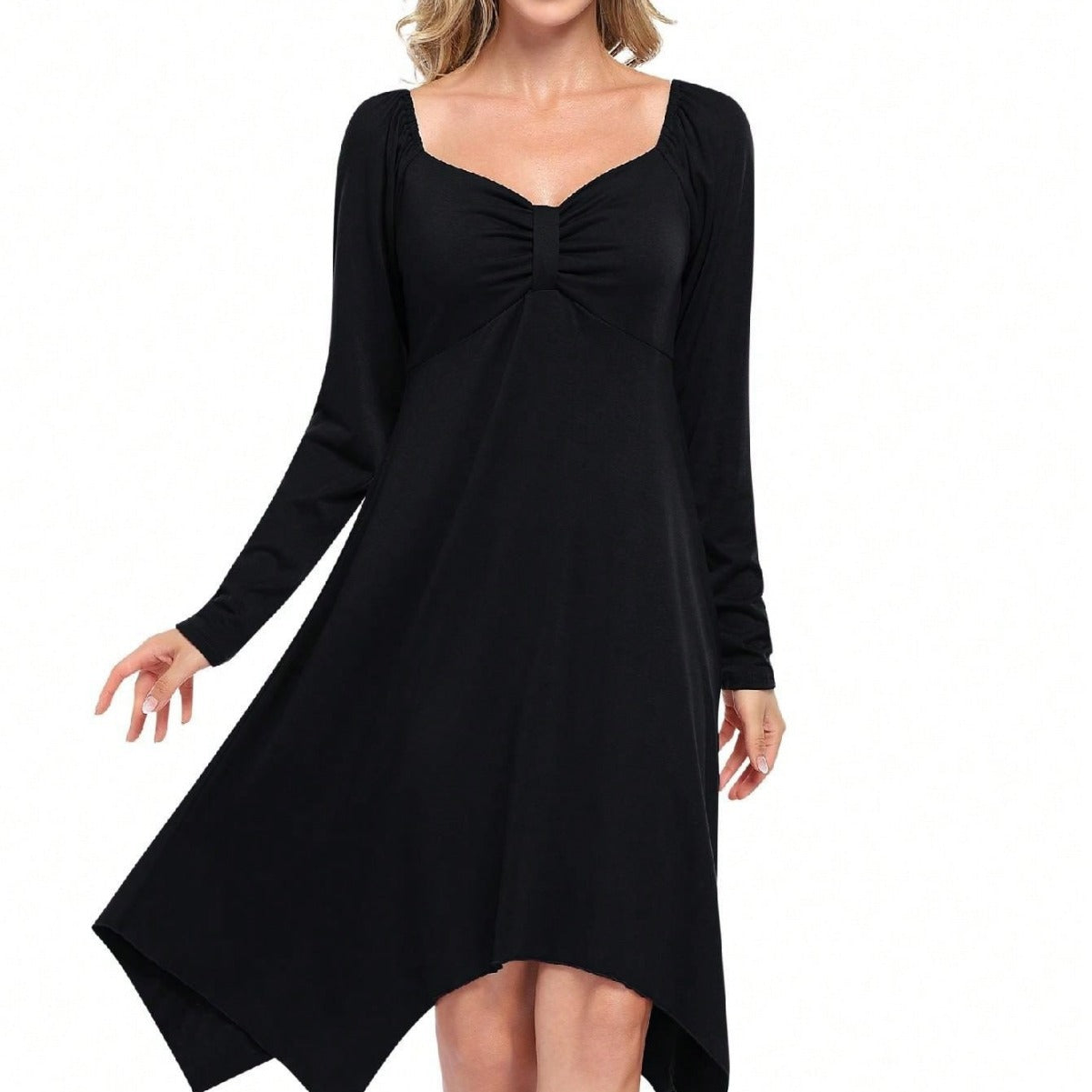 Damen Longkleid Asymmetrisch Langarm Gerafftes Oberteil Eveloria