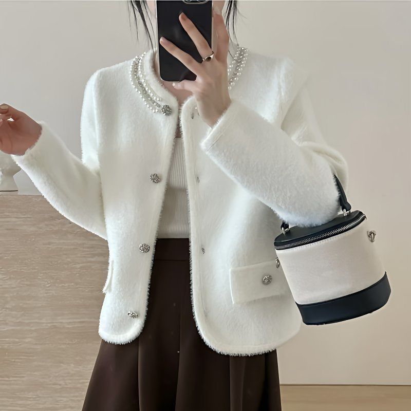Damen Strickjacke Flauschig mit Perlen