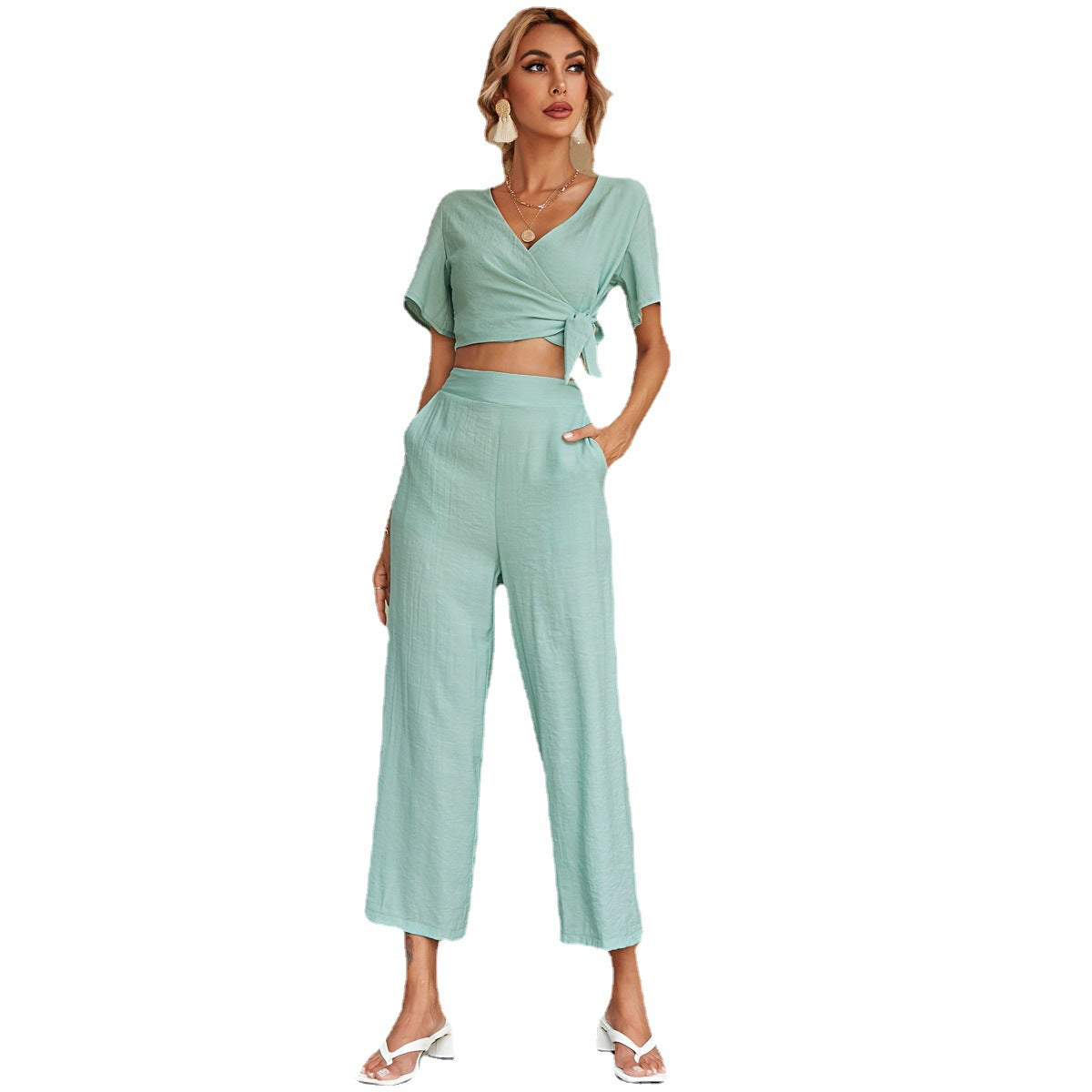 Damen Two-Piece Set Lässiger Schnitt Bindegürtel