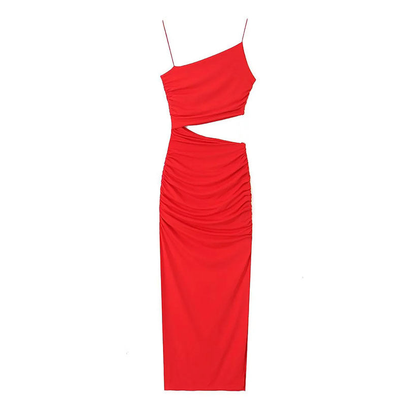Damen Maxikleid Cut-Out Asymmetrisch Raffung Eveloria