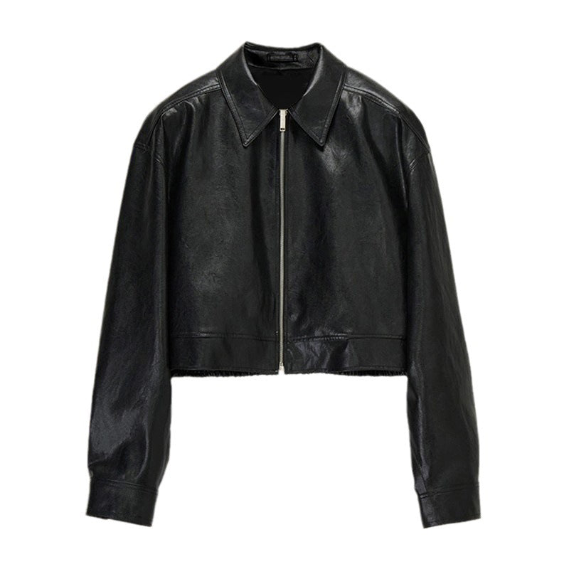 Damen Lederjacke Weit Schnitt Moderner Kragen Eveloria