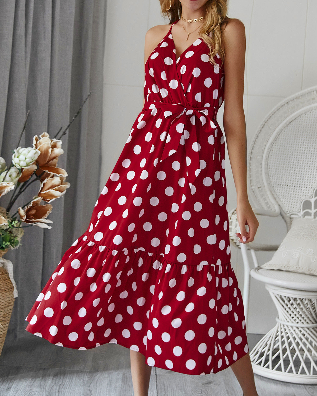 Damen Maxikleid Polka-Dots Rüschen Eveloria