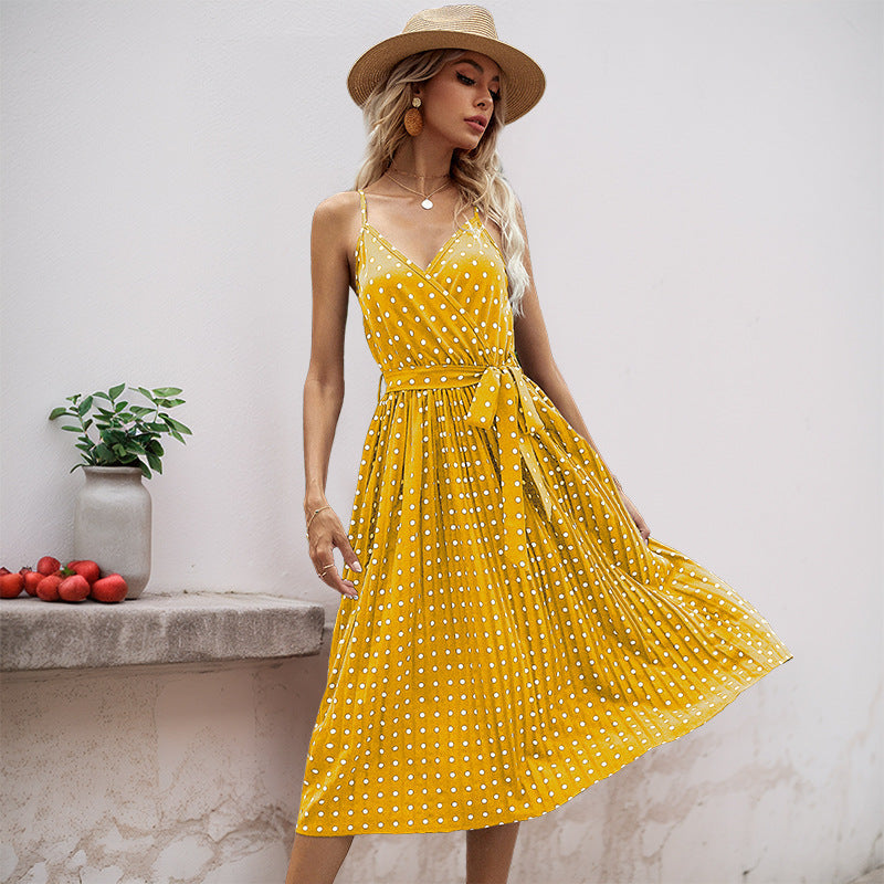 Damen Midikleid Taillengürtel Polka Dot Muster