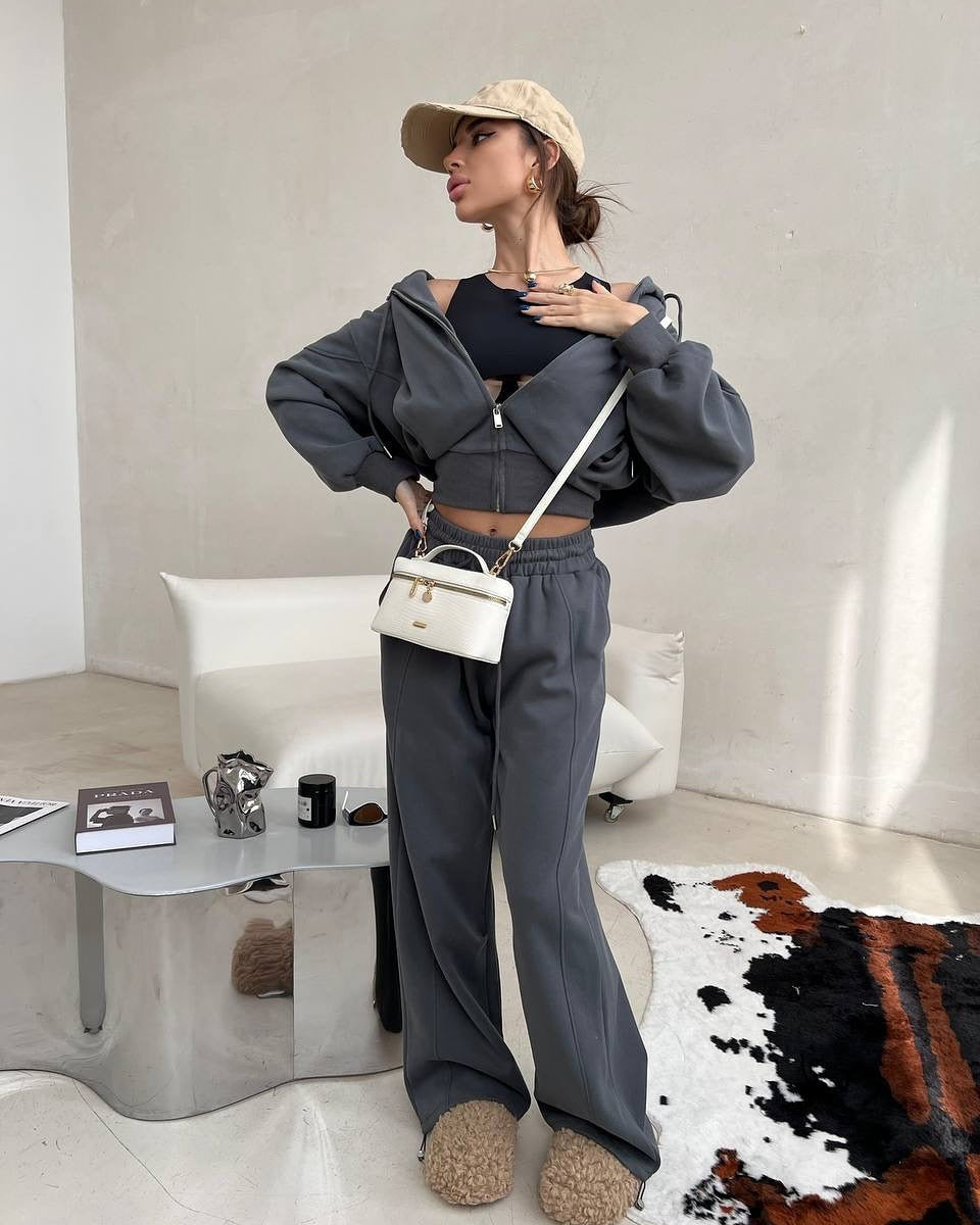 Damen Freizeit-Set Cropped Kapuzenjacke Weite Hose Eveloria