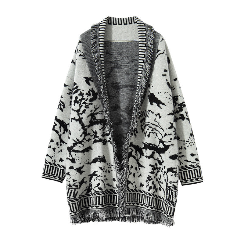 Damen Strickjacke Grafisches Muster Fransen