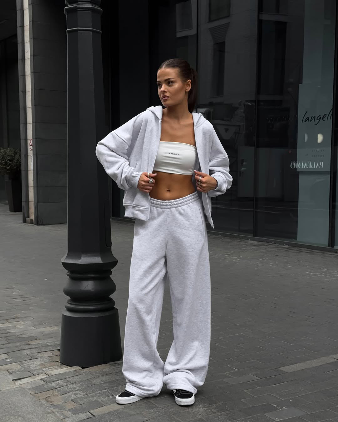 Damen Oversized Hoodie Sweatpants Set Baumwolle Beige