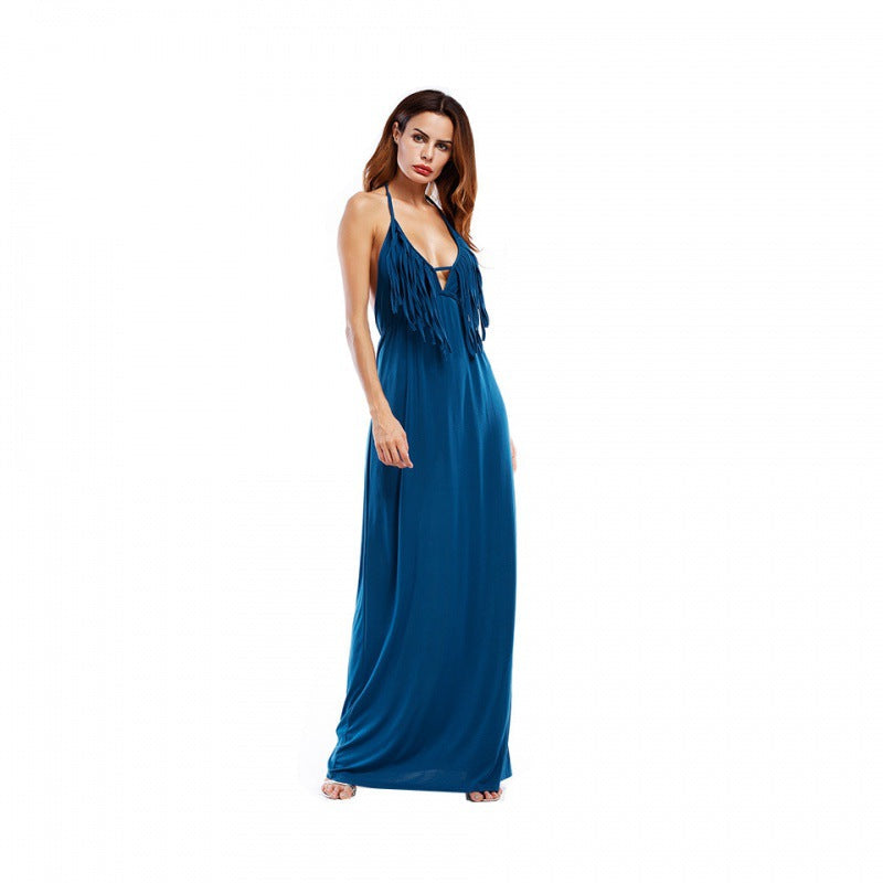 Damen Maxi-Kleid V-Ausschnitt Mit Fransen