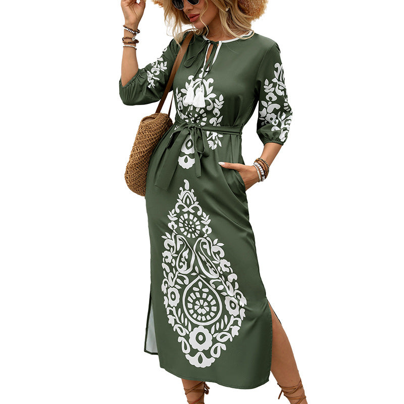 Damen Maxikleid Florales Muster Taillierbarer Gürtel Eveloria