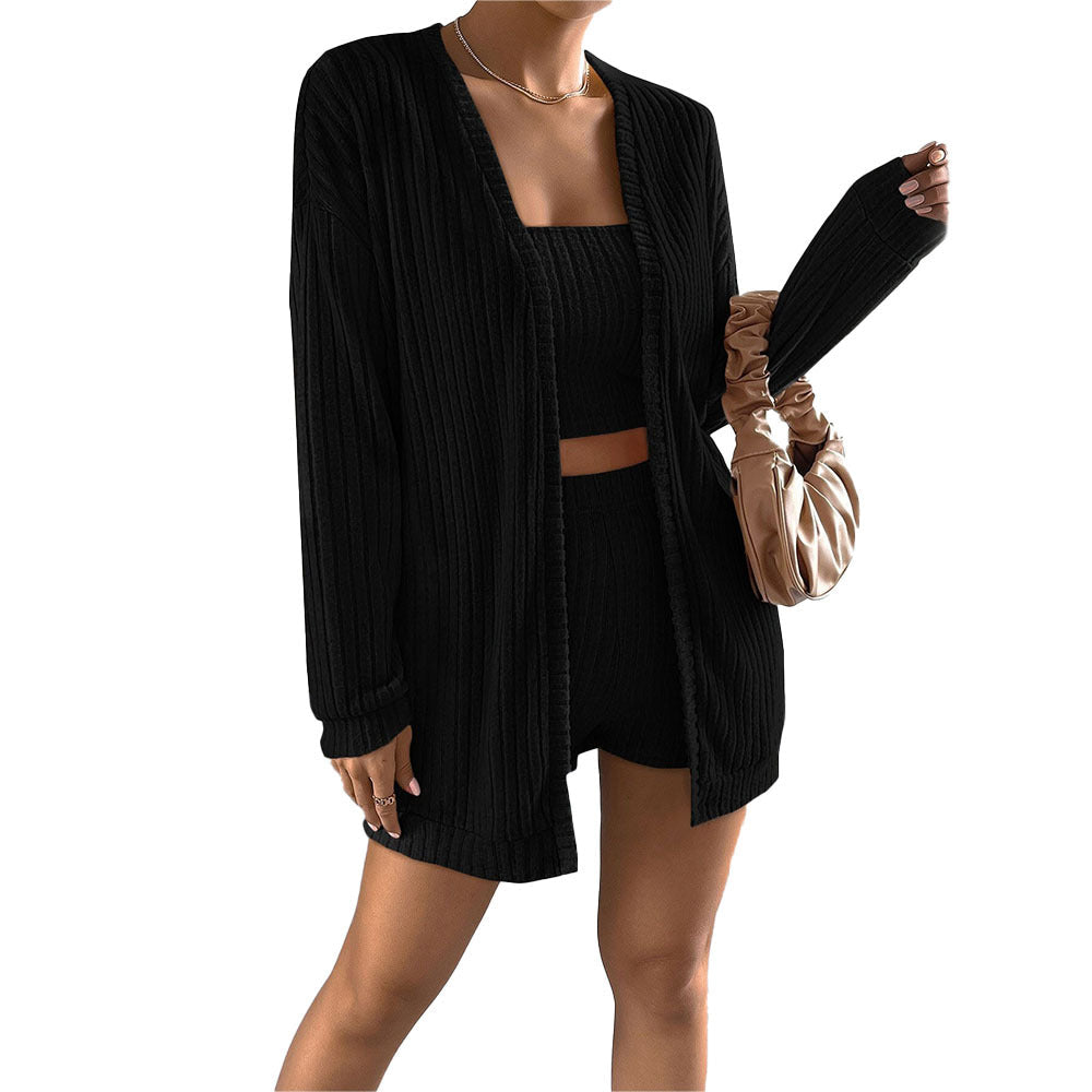 Damen Strickset Figurbetonter Pullover Langer Cardigan