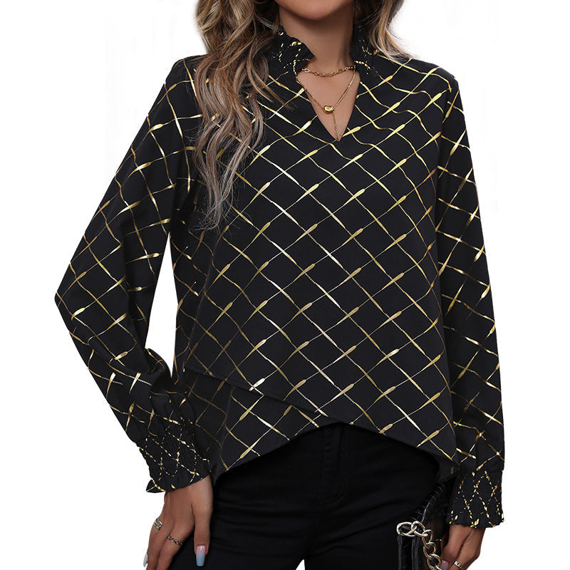Damen Bluse Rautenmuster Hochkragen Elegantes Design
