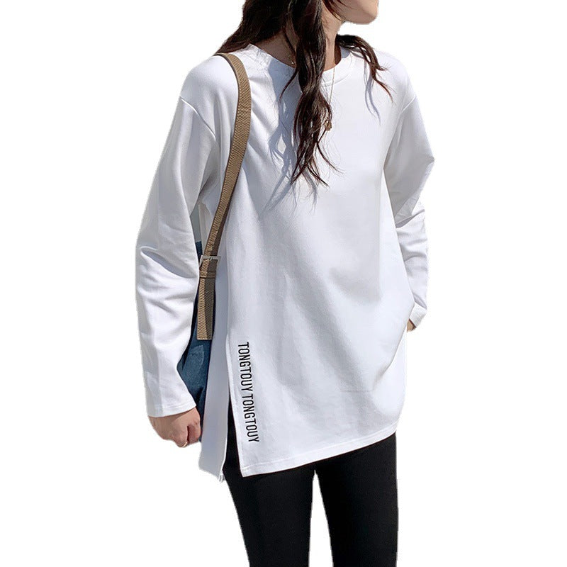 Damen Langarmshirt Asymmetrisch Moderner Schriftzug Eveloria