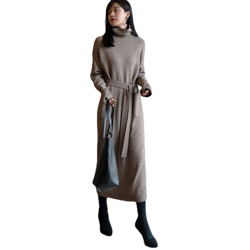 Damen Strickkleid Hohler Kragen Taillengürtel Eveloria