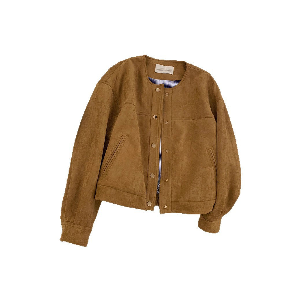 Damen Suedejacket Elastischer Bund Braun Eveloria