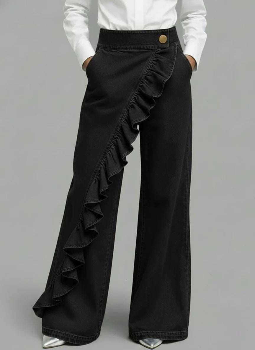 Damen Weite Jeanshose Rüschendetail Eveloria