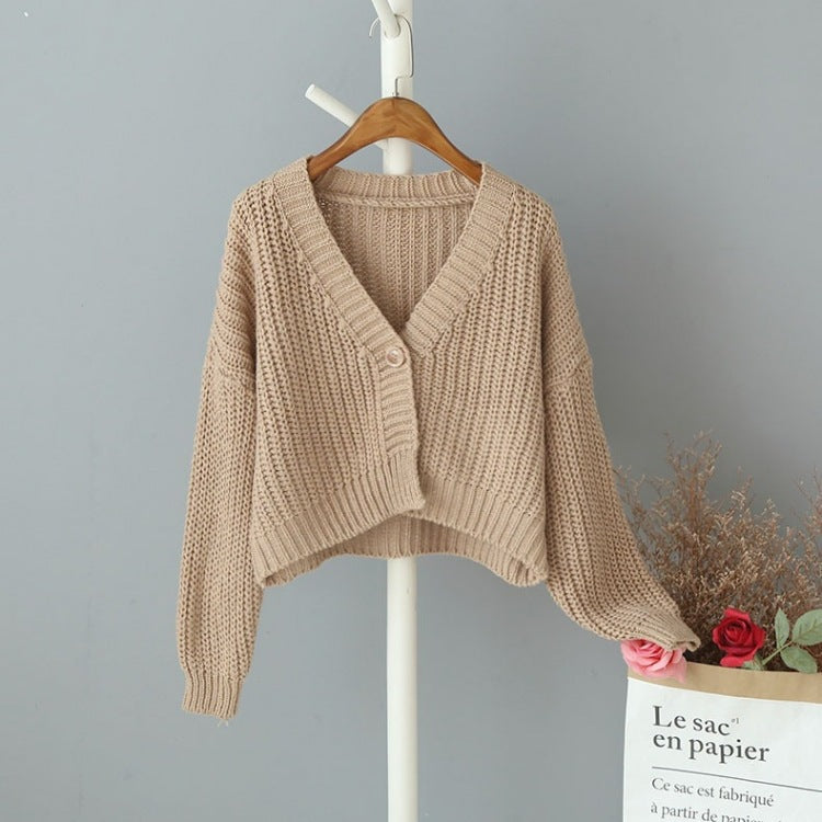 Damen Grobstrick Cardigan Lockerer V-Ausschnitt Beige Eveloria