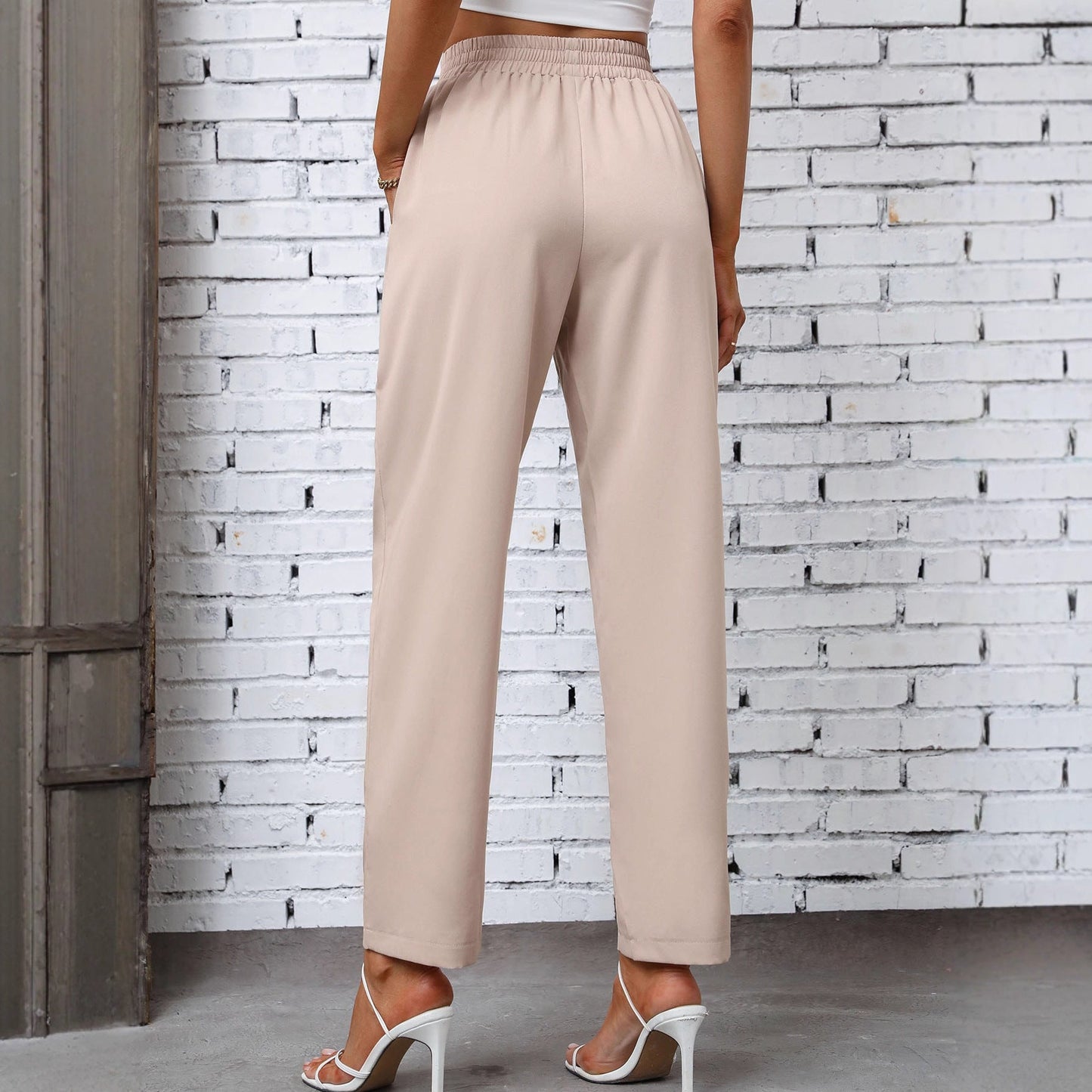 Damen Freizeithose Elastischer Bund Seitentaschen Beige Eveloria
