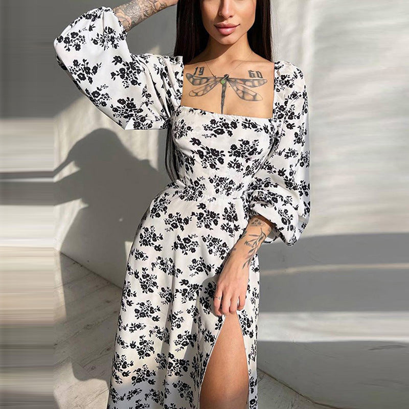 Damen Maxikleid Elastisch Puffärmel Schlitz