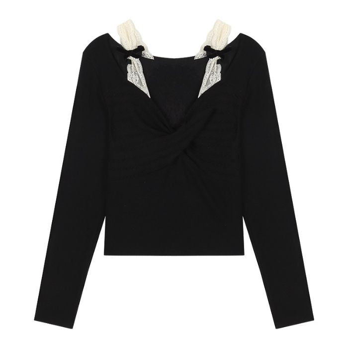 Damen Langarmshirt Spitze Raffung Elegant Weiß