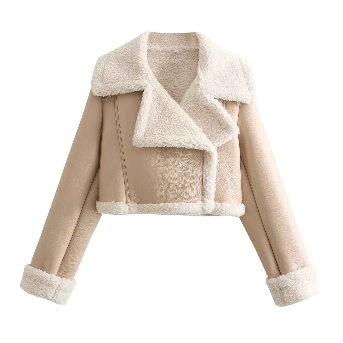 Damen Kurzjacke Lederoptik Teddyfutter