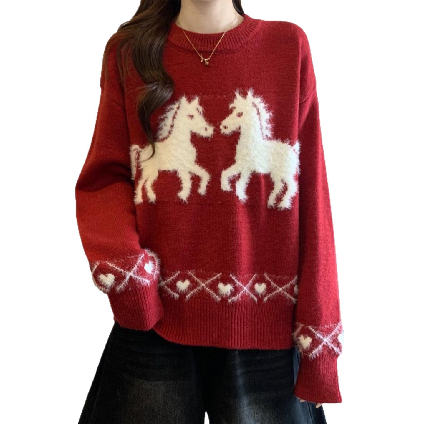 Damen Pullover Kuschelfleece Einhorn-Muster Grau