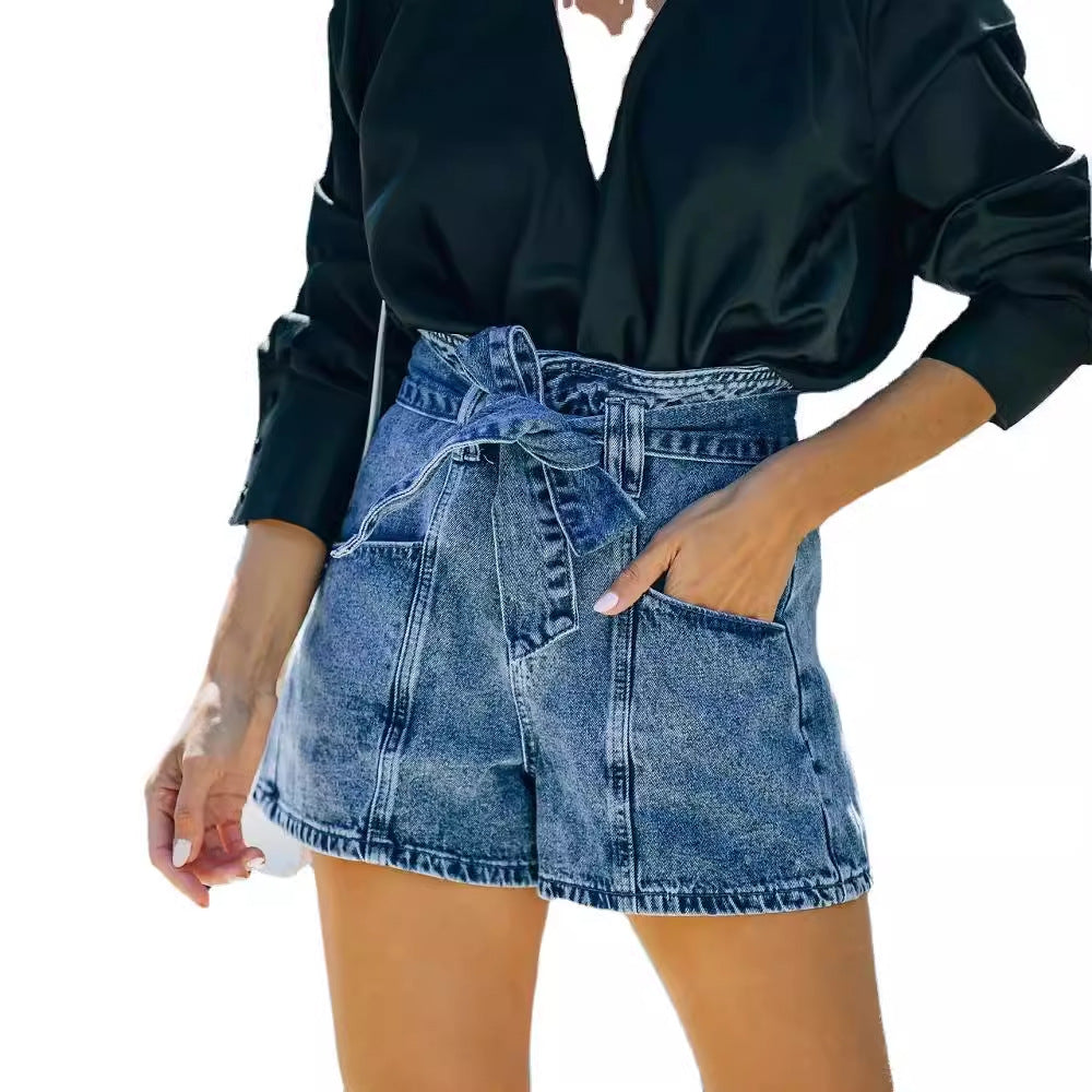 Damen Hochwaist Jeans Shorts abnehmbarer Gürtel Blau
